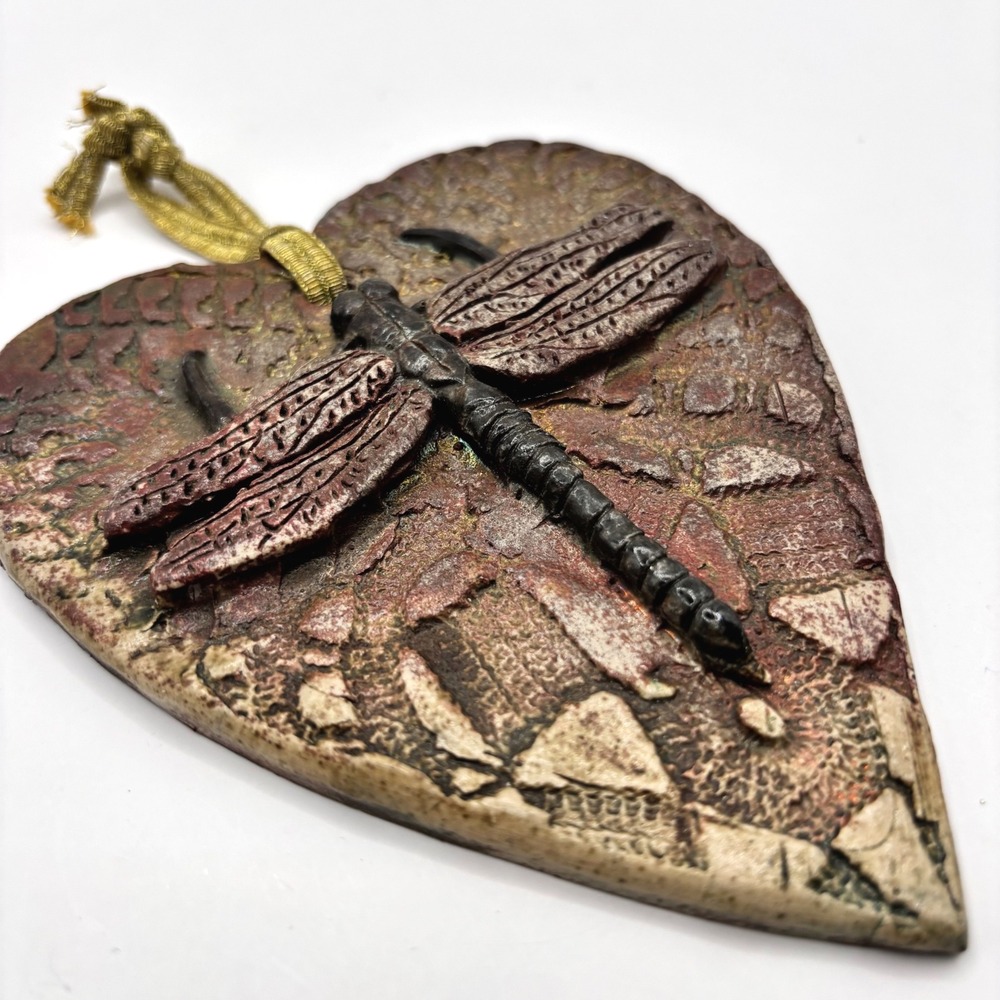 Dragonfly Raku Ornament Metallic Finish Heart Shaped Handmade 5 in